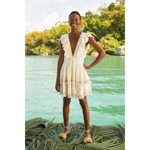 FARM Rio Boho Ivory Eyelet Lace Patch Beaded Tiered Mini Dress Size Medium